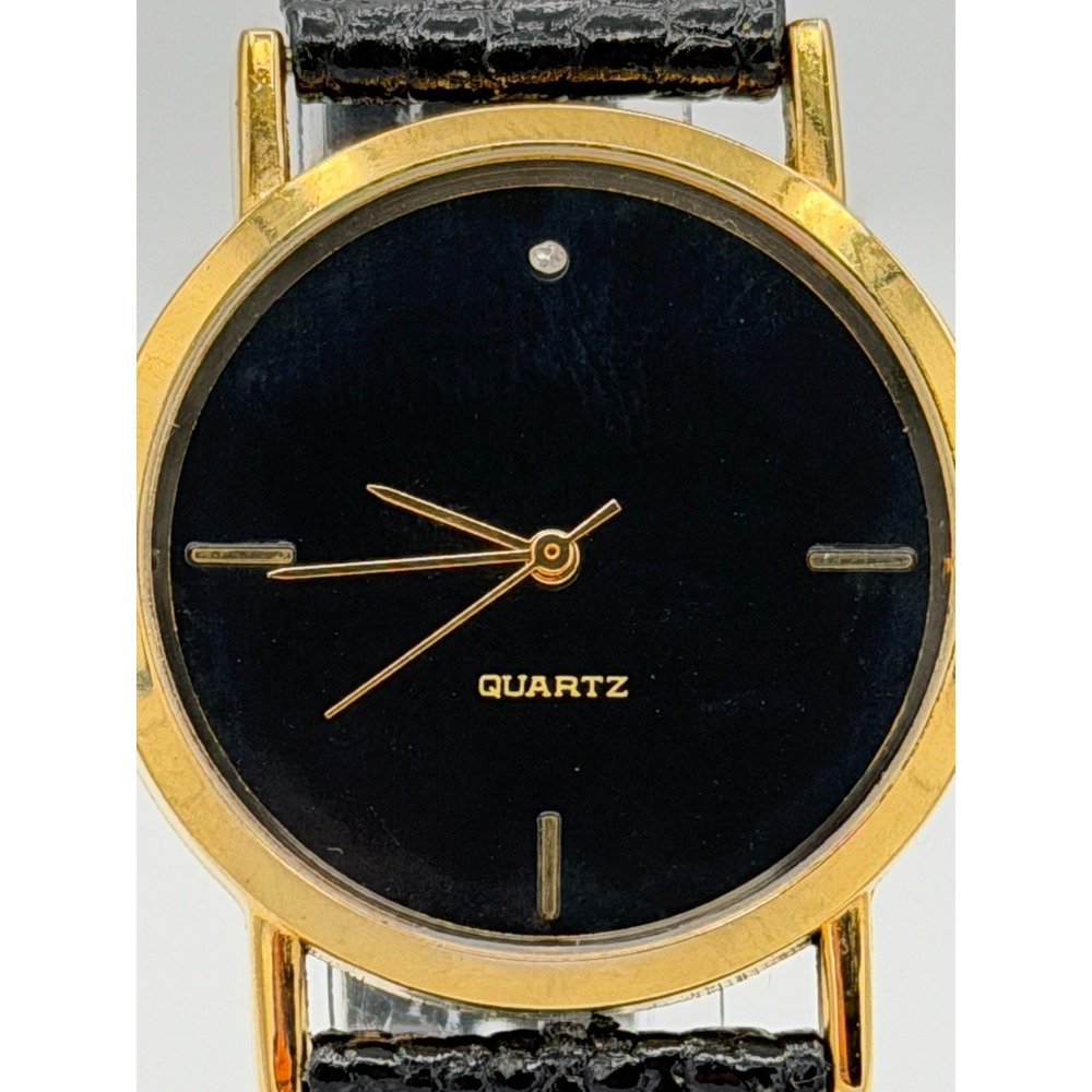 Minimalist Quartz Watch Black Dial Gold Tone Case Leather Strap Dress Watch